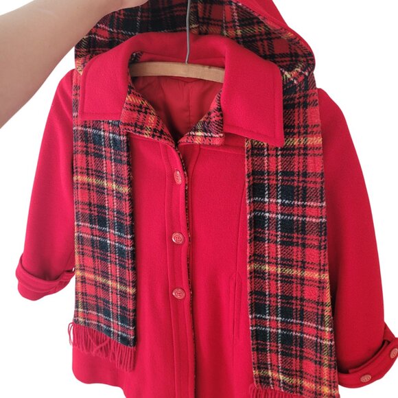 1980s Rothschild Girls Red Hooded Button Pea Coat Plaid Detail w/ Scarf size 6X - Picture 5 of 15